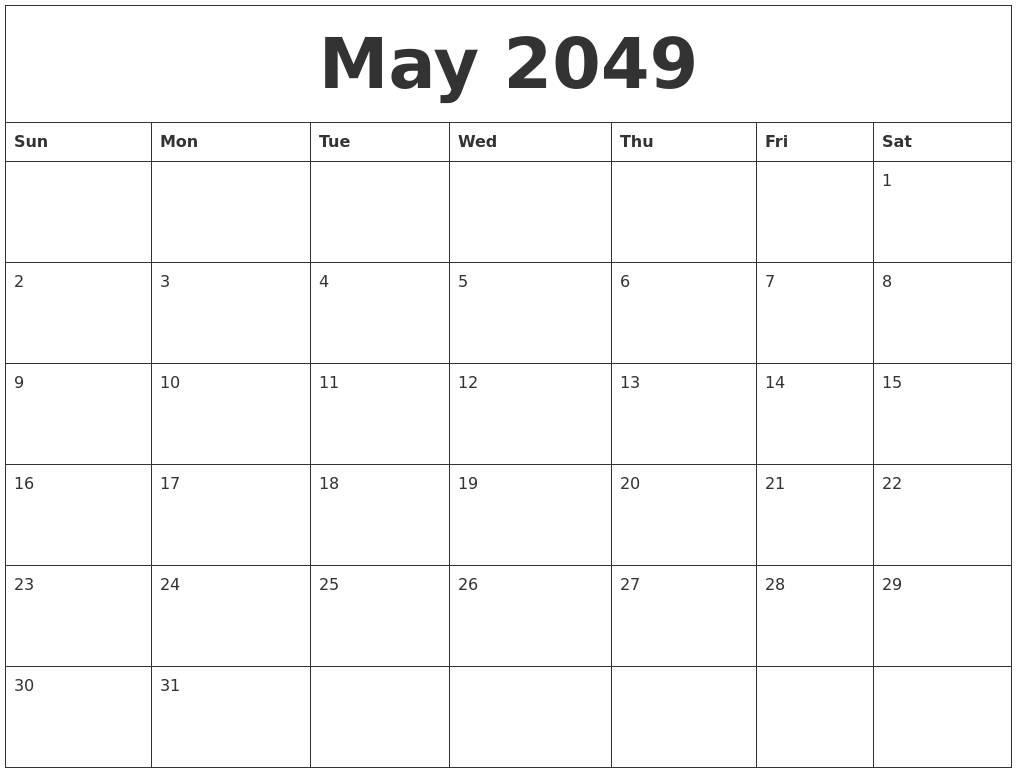 May 2049 Blank Monthly Calendar Pdf