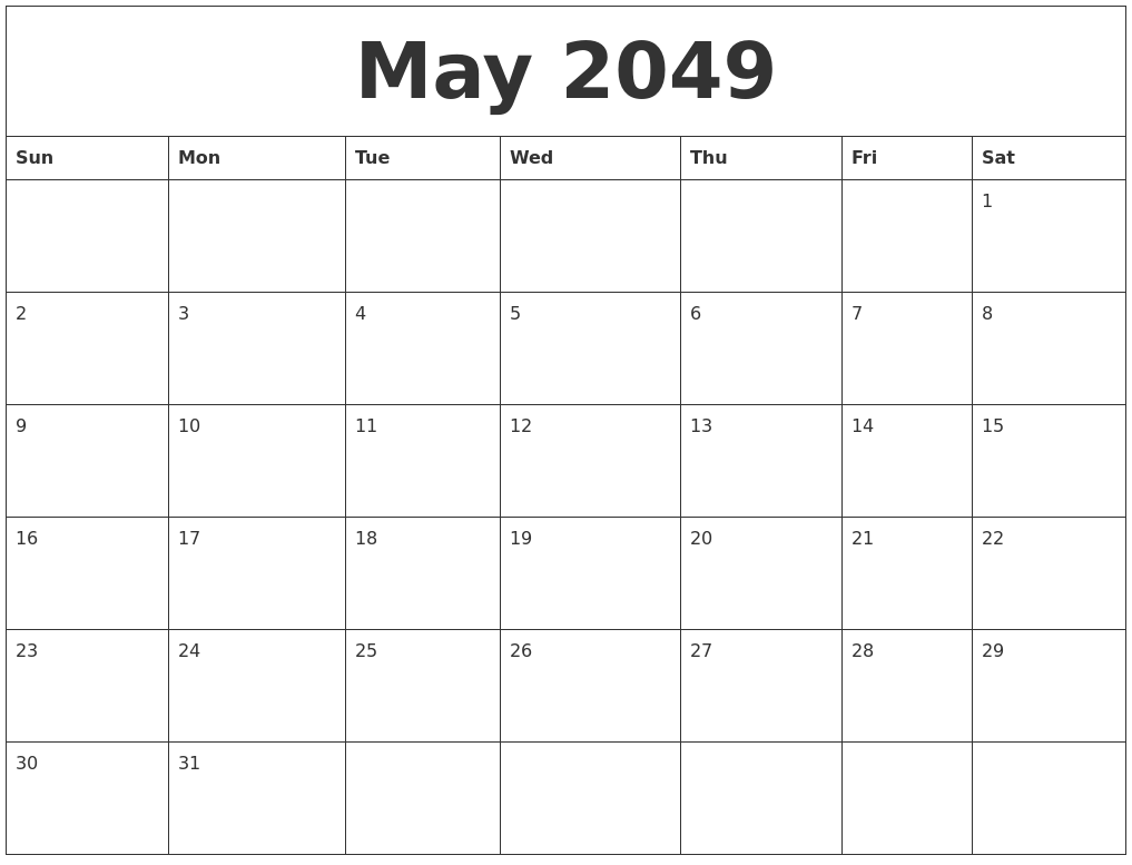 May 2049 Calendar Monthly