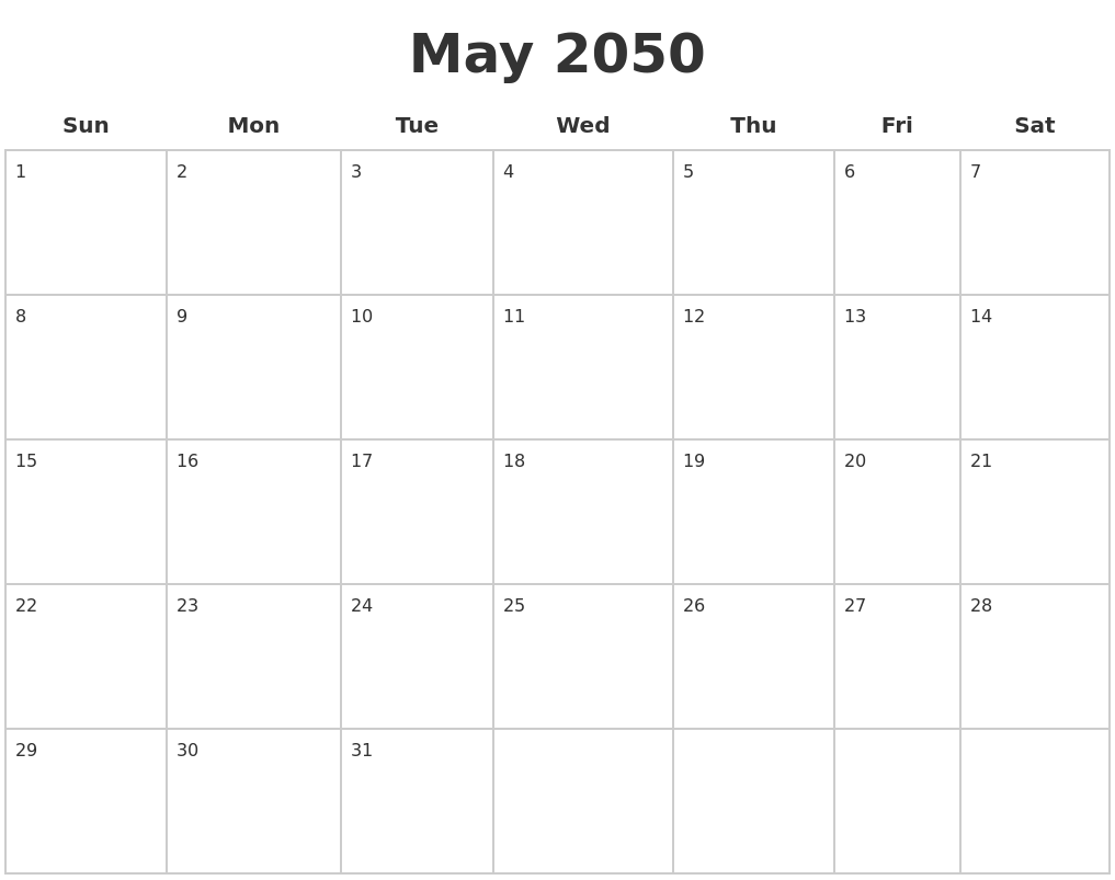May 2050 Blank Calendar Pages