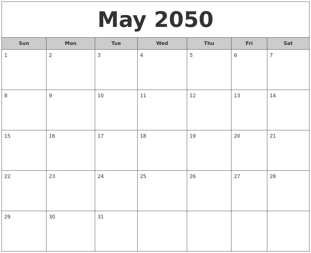 May 2050 Free Monthly Calendar