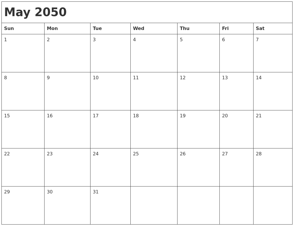 May 2050 Month Calendar