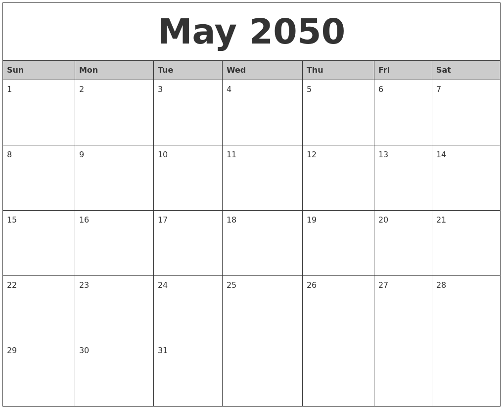 May 2050 Monthly Calendar Printable