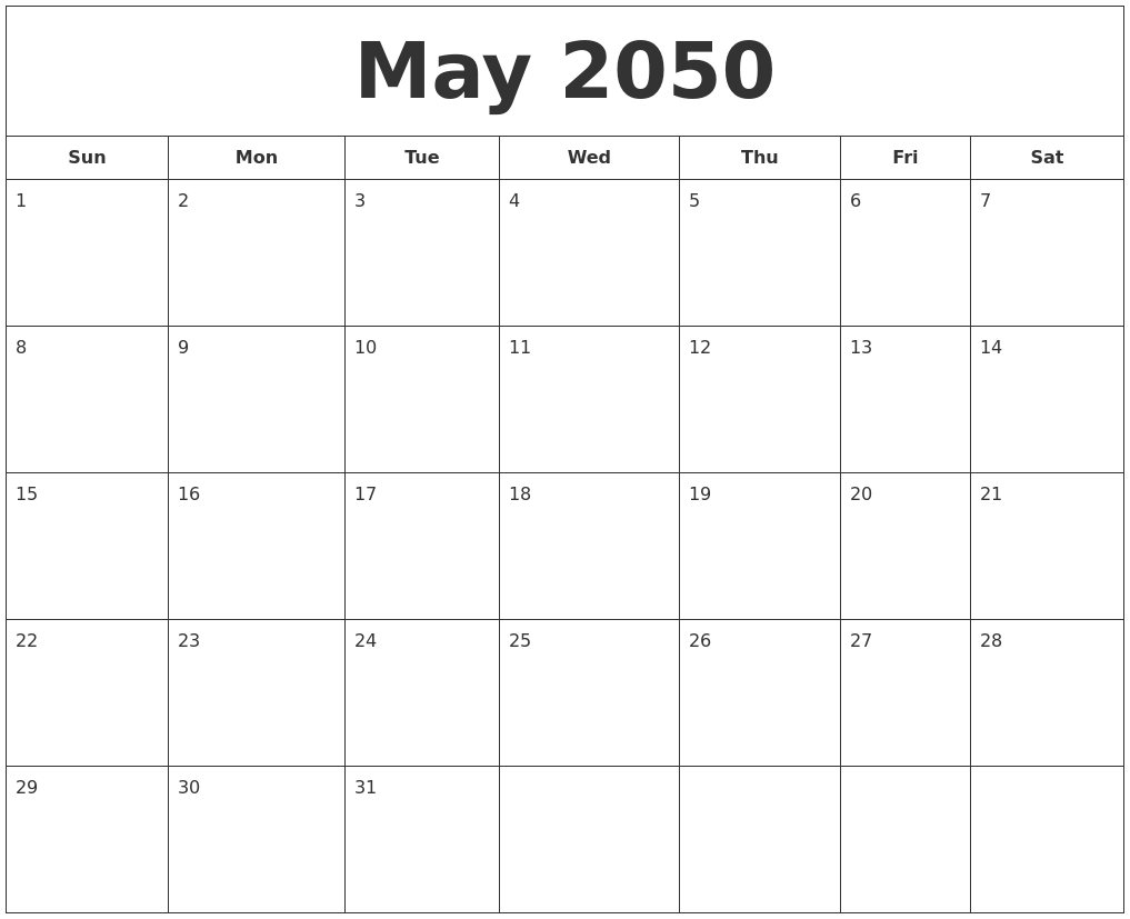 May 2050 Printable Calendar