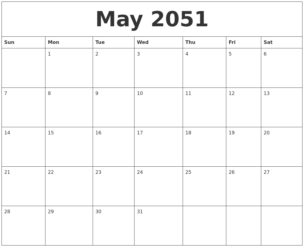 May 2051 Birthday Calendar Template