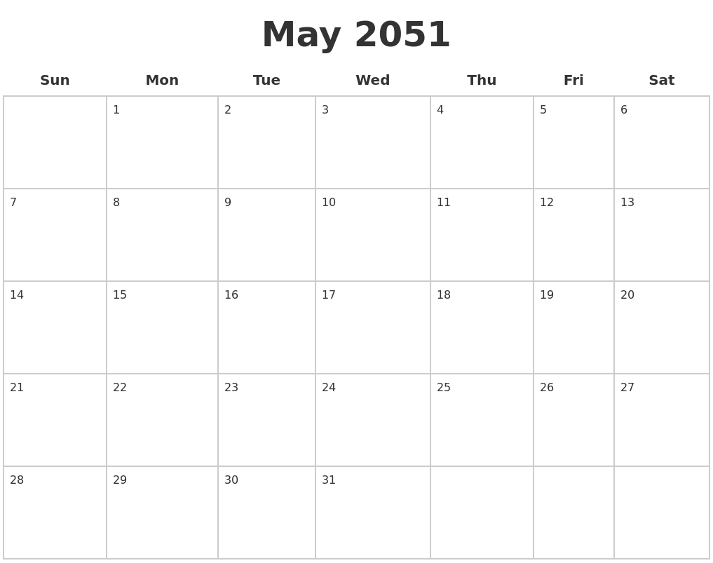 May 2051 Blank Calendar Pages