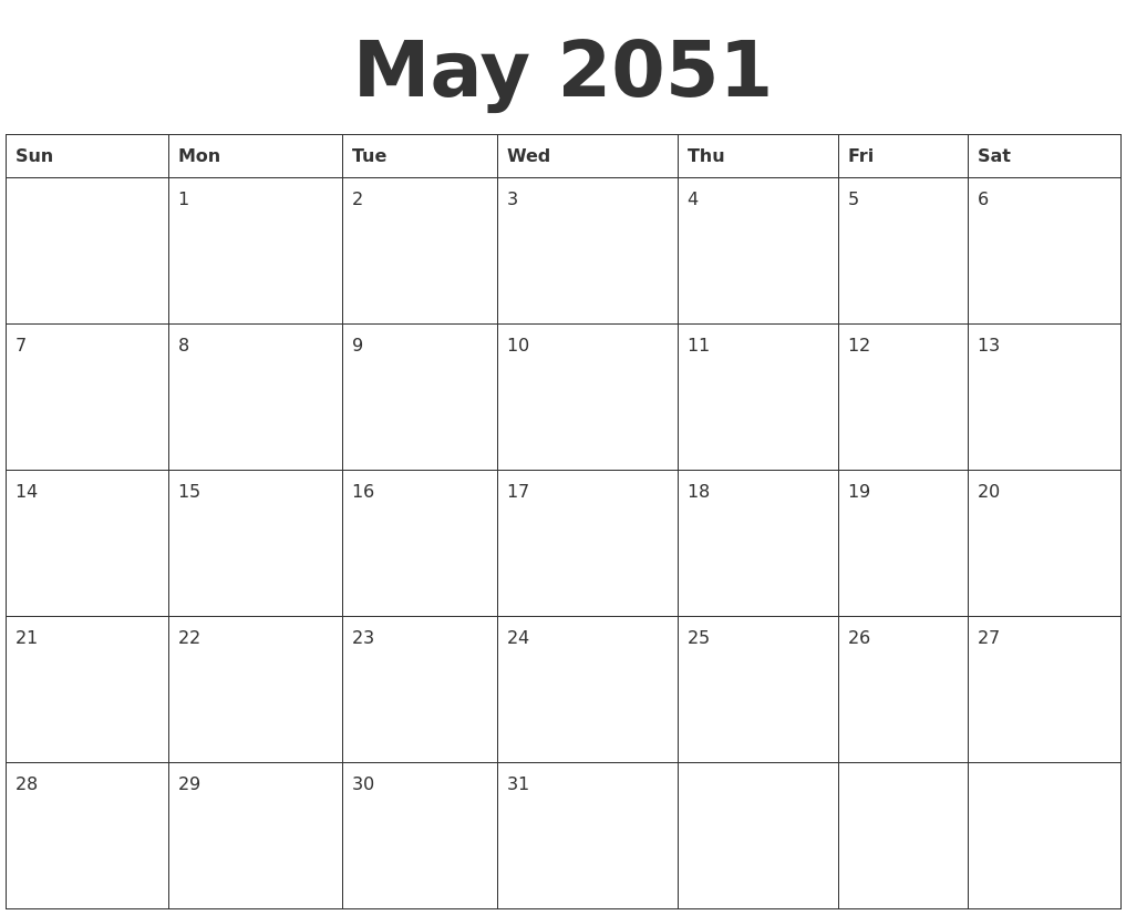 May 2051 Blank Calendar Template