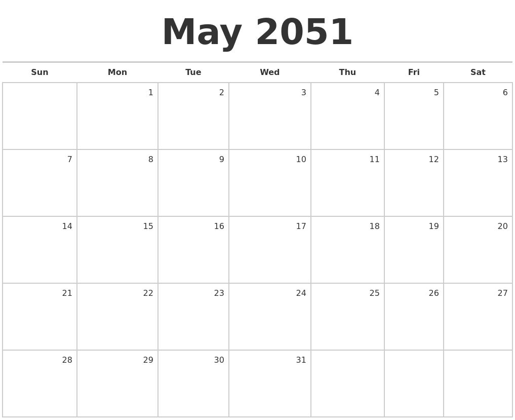 May 2051 Blank Monthly Calendar