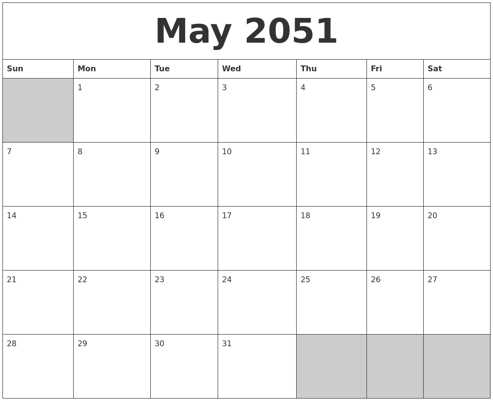 May 2051 Blank Printable Calendar