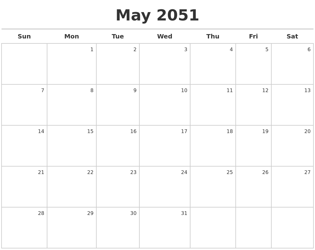 May 2051 Calendar Maker