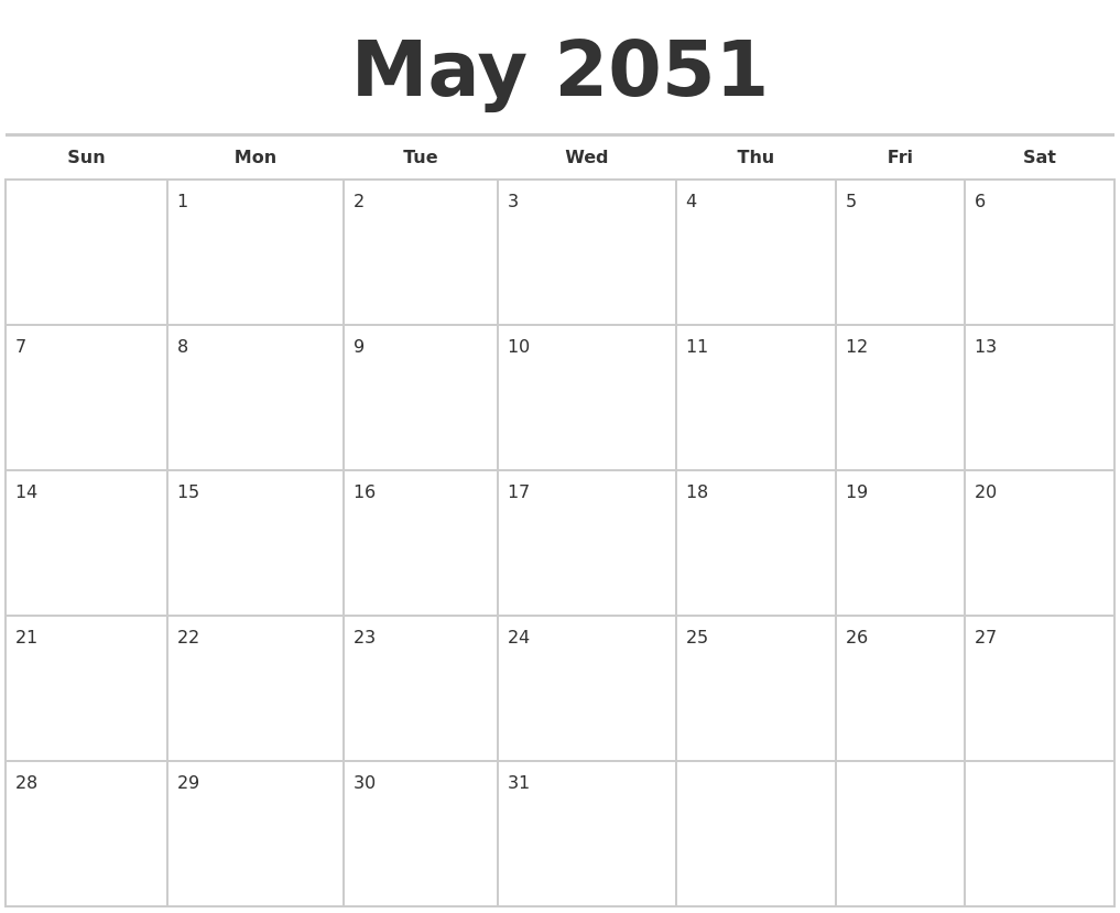 May 2051 Calendars Free