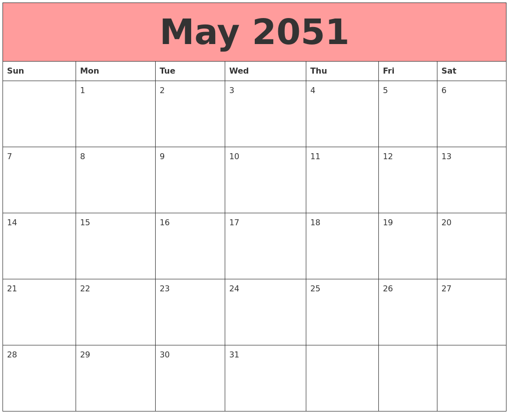 May 2051 Calendars That Work