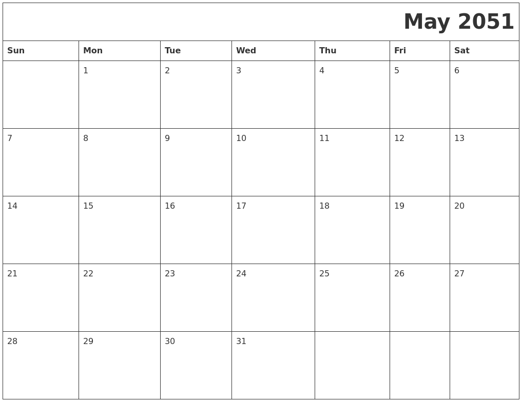 May 2051 Download Calendar