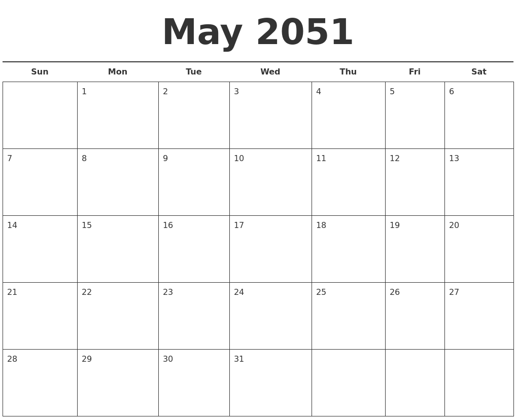 May 2051 Free Calendar Template