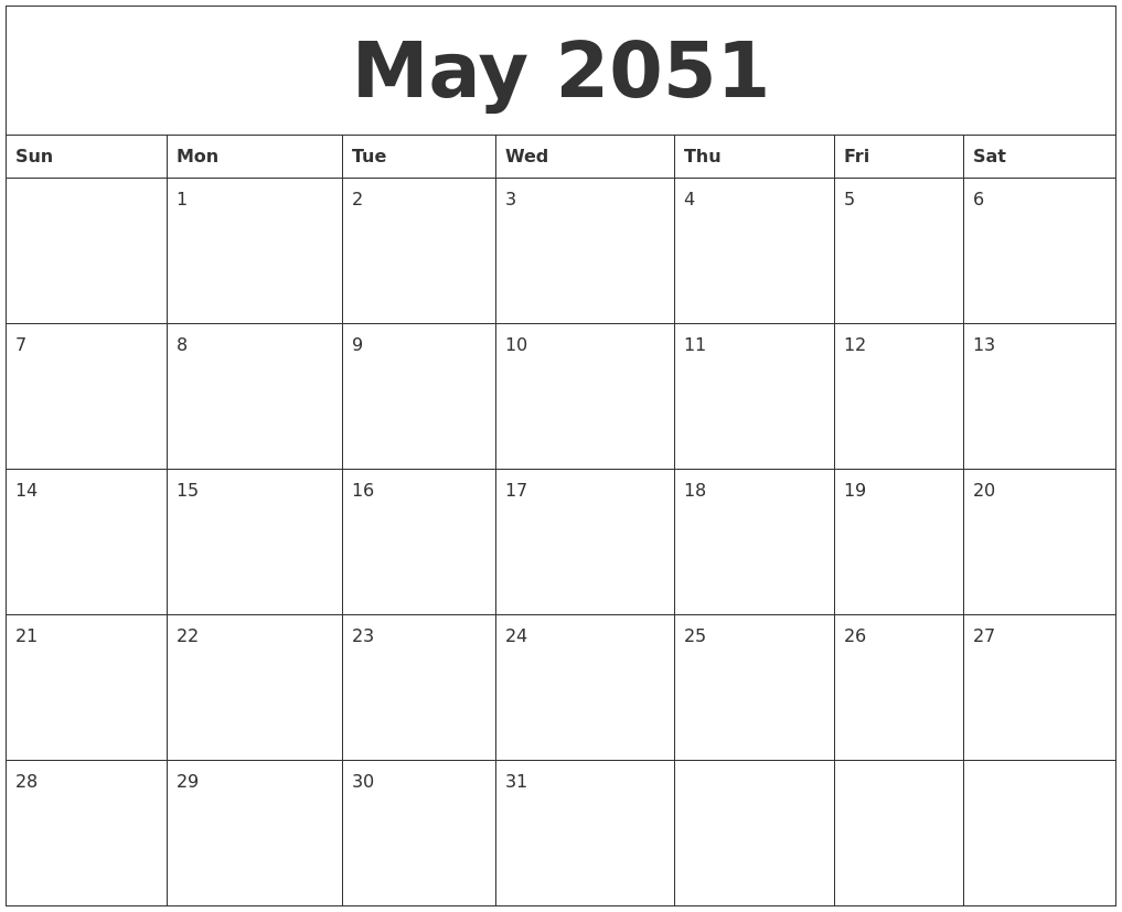 May 2051 Free Weekly Calendar
