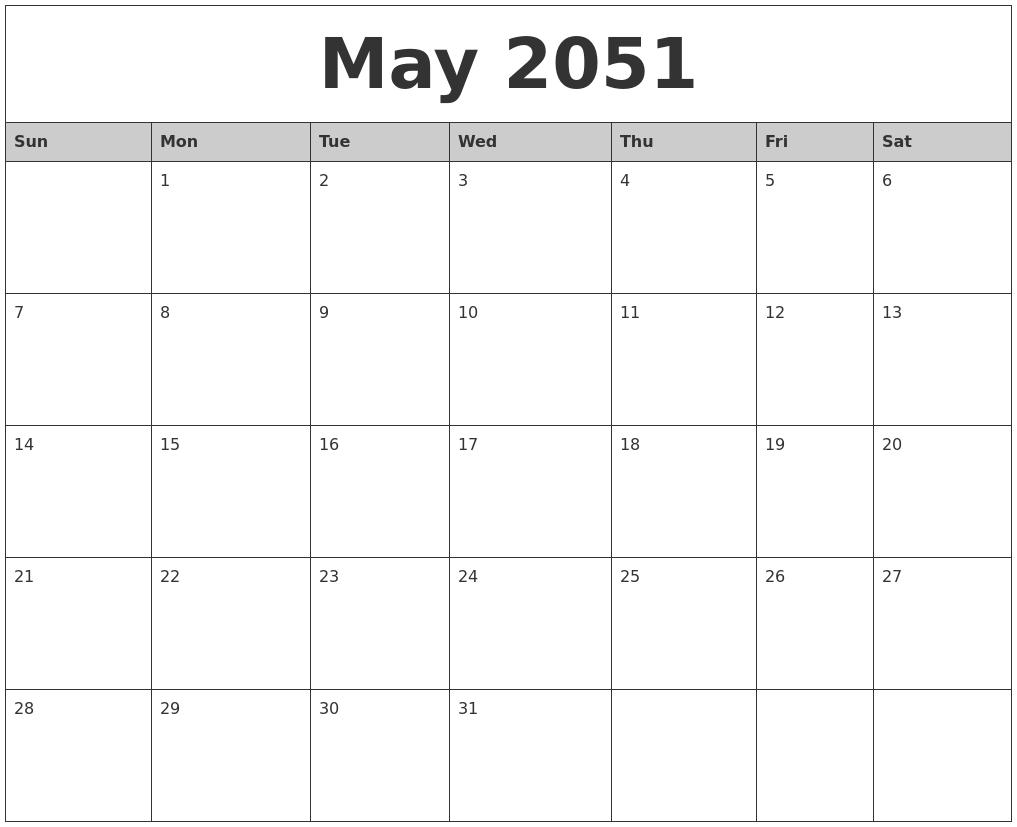 May 2051 Monthly Calendar Printable