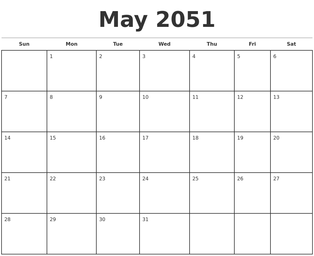 May 2051 Monthly Calendar Template