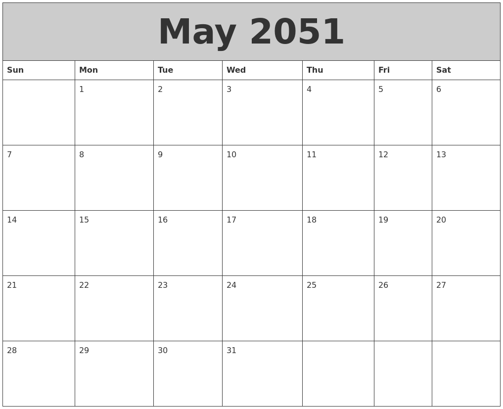 May 2051 My Calendar