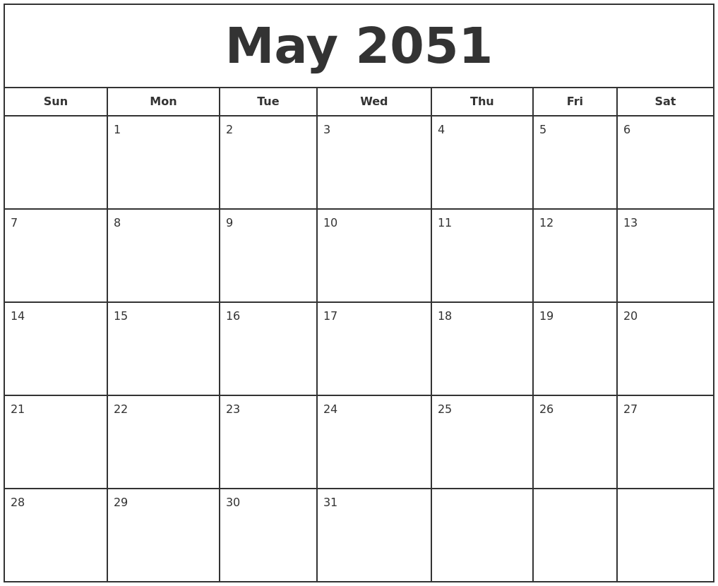 May 2051 Print Free Calendar