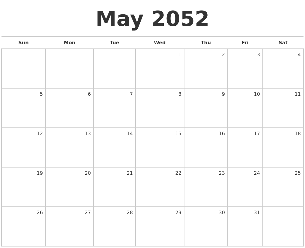 May 2052 Blank Monthly Calendar