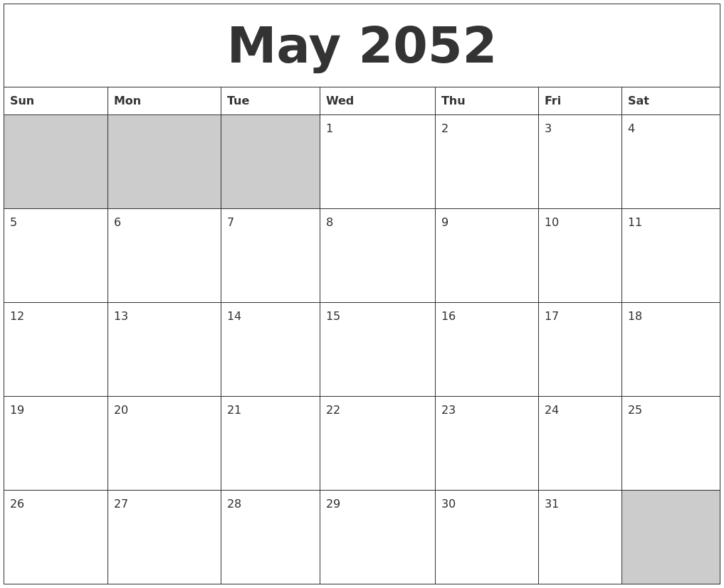 May 2052 Blank Printable Calendar