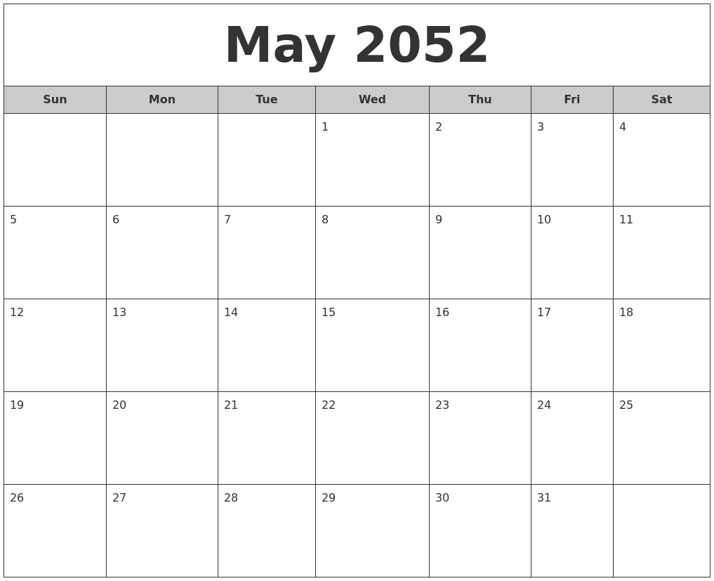 May 2052 Free Monthly Calendar