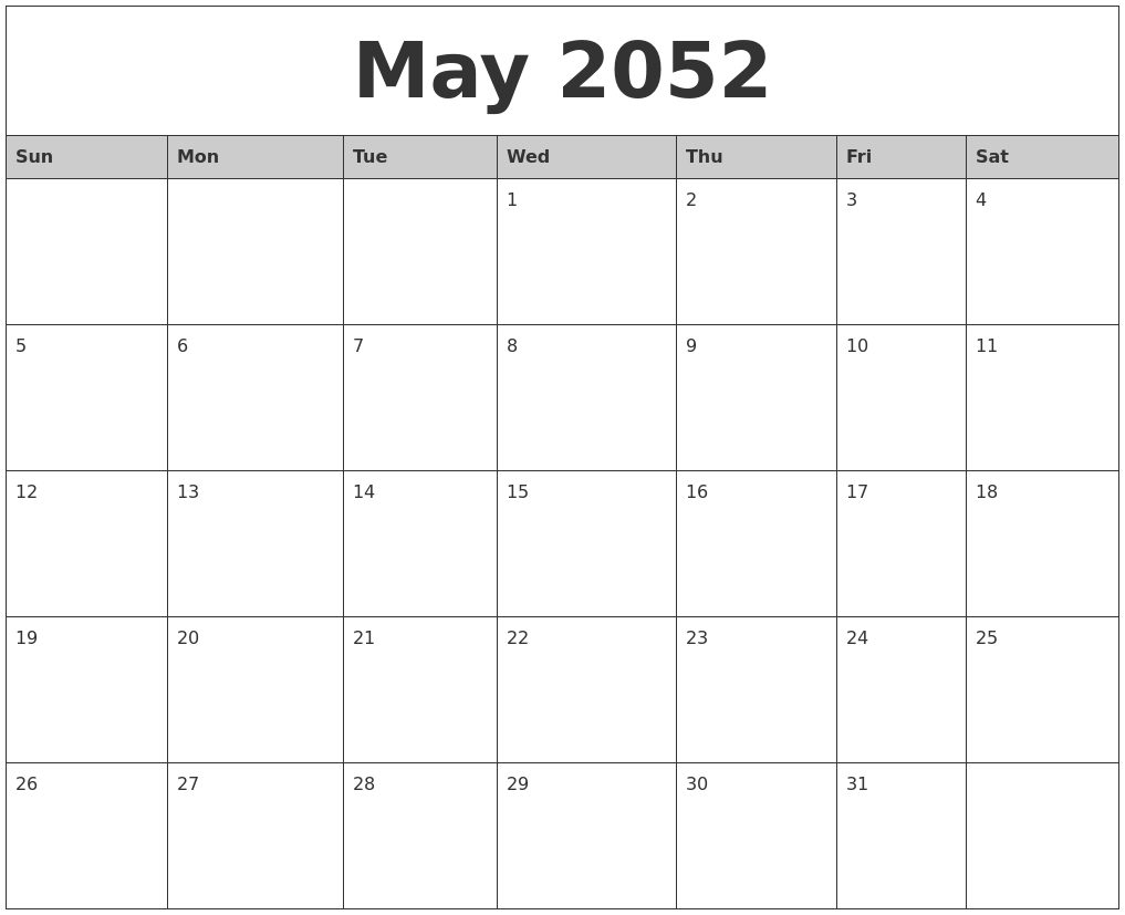 May 2052 Monthly Calendar Printable