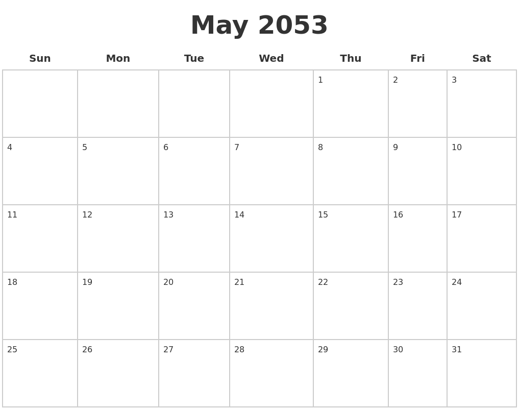 May 2053 Blank Calendar Pages