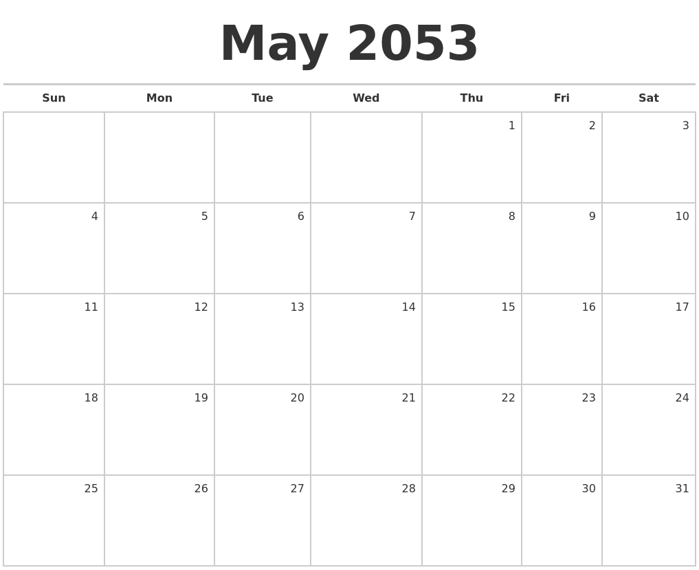 May 2053 Blank Monthly Calendar