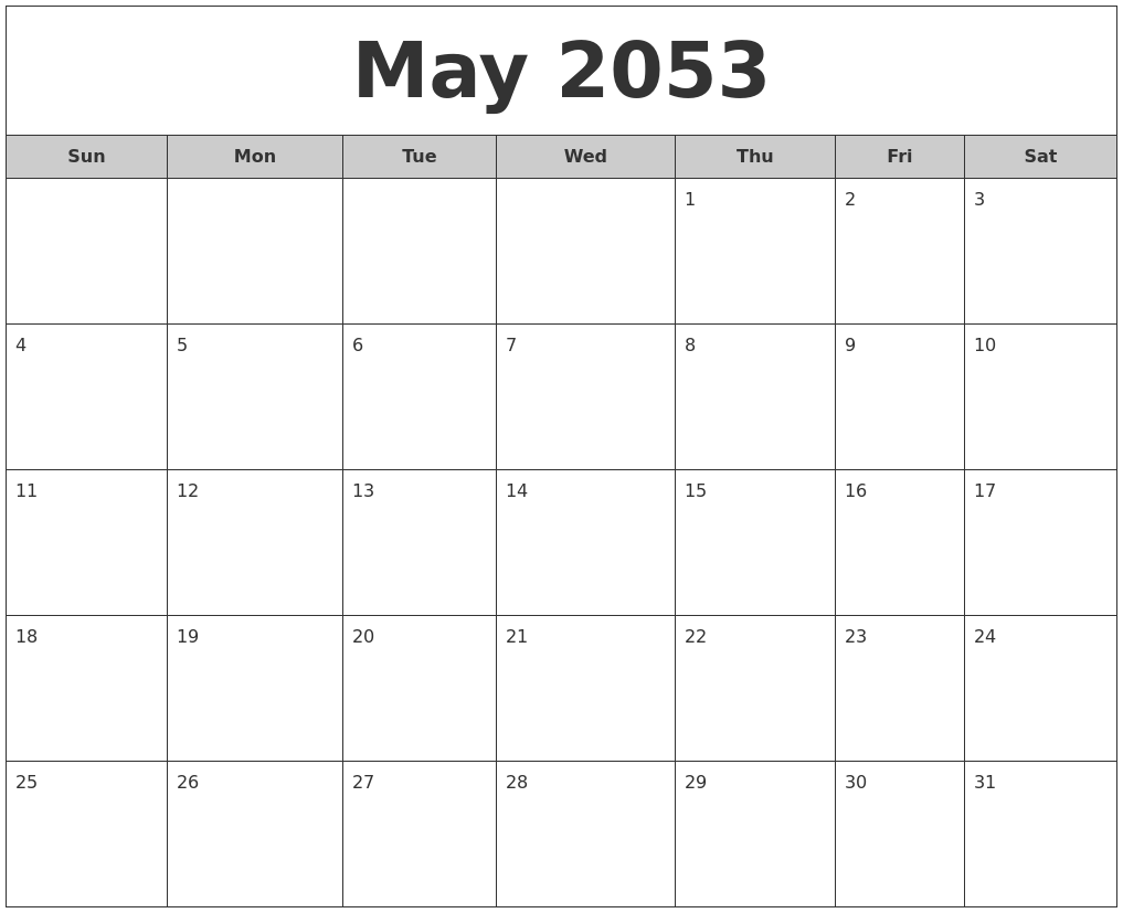 May 2053 Free Monthly Calendar