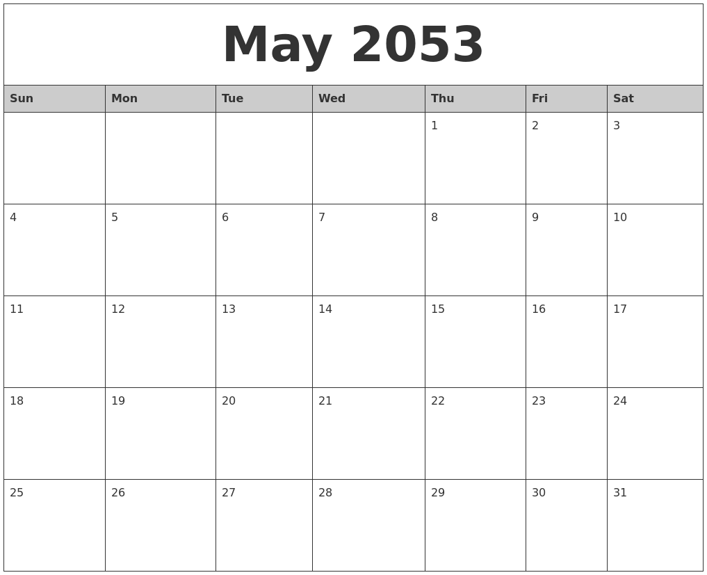 May 2053 Monthly Calendar Printable