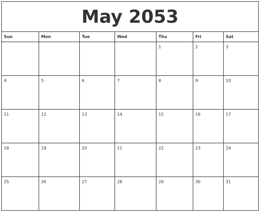 May 2053 Printable Monthly Calendar