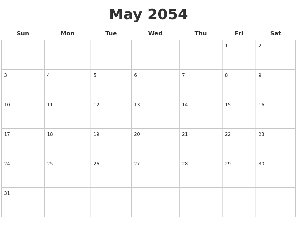 May 2054 Blank Calendar Pages