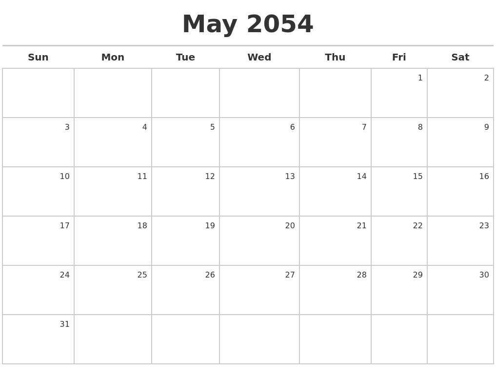 May 2054 Calendar Maker