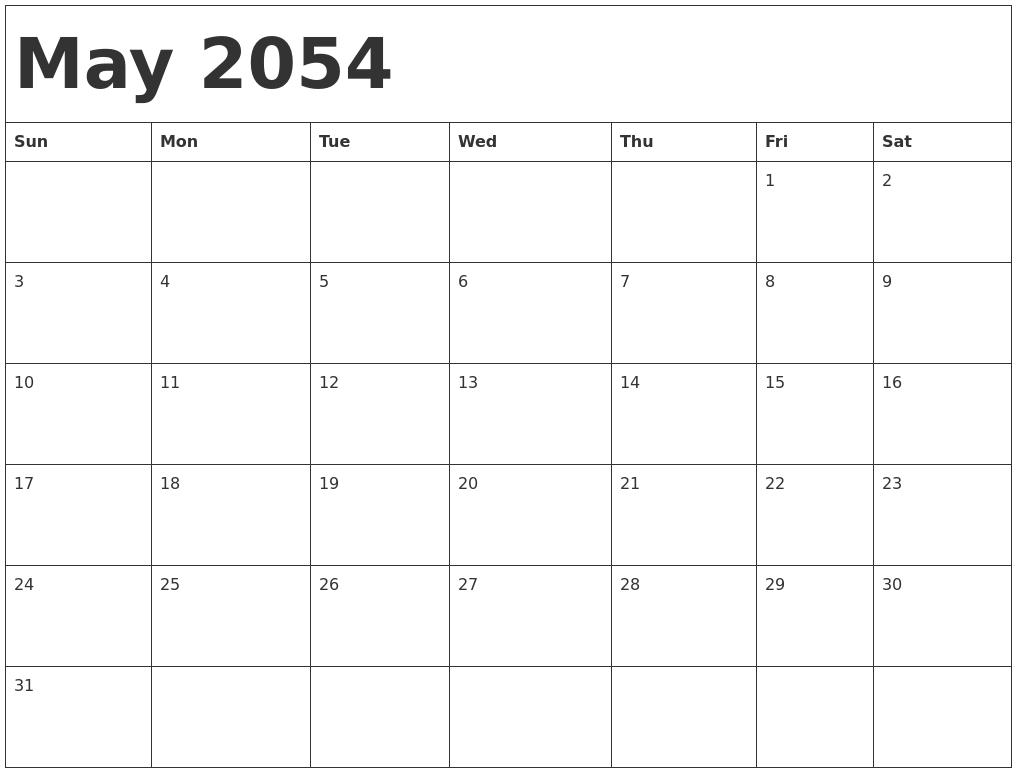 May 2054 Calendar Template