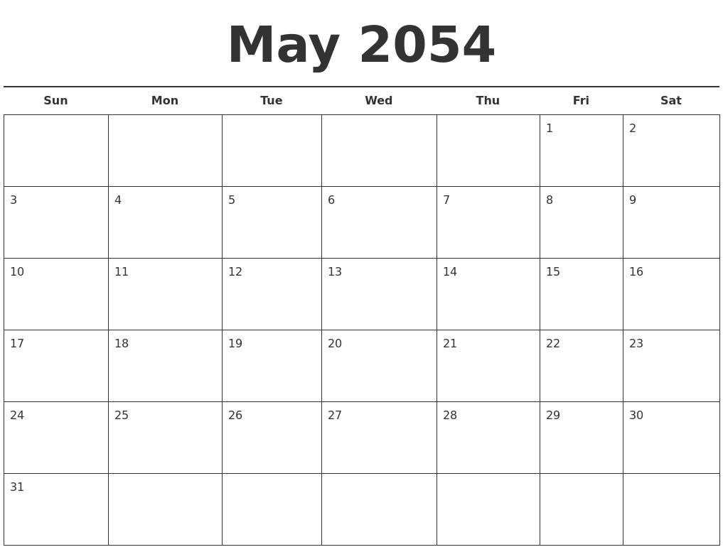 May 2054 Free Calendar Template