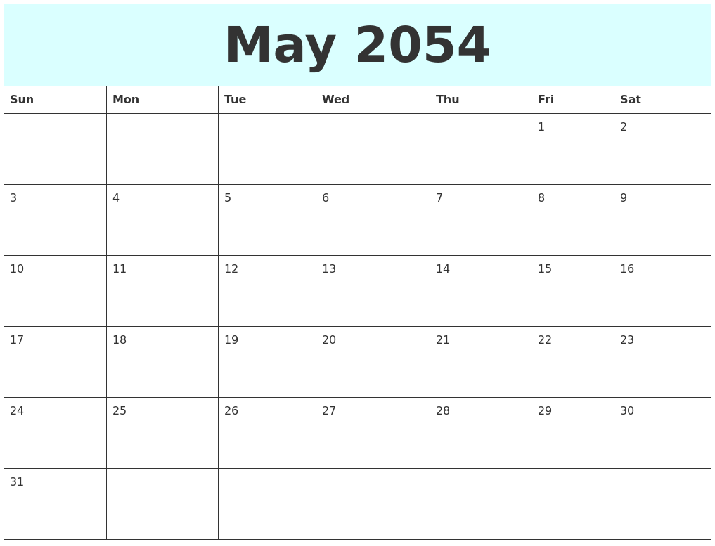 May 2054 Free Calendar