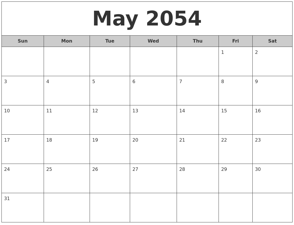 May 2054 Free Monthly Calendar