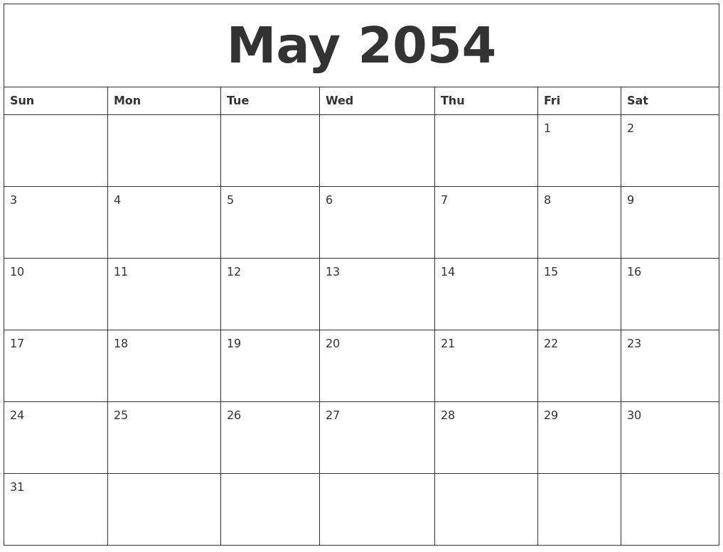 May 2054 Free Printable Monthly Calendar