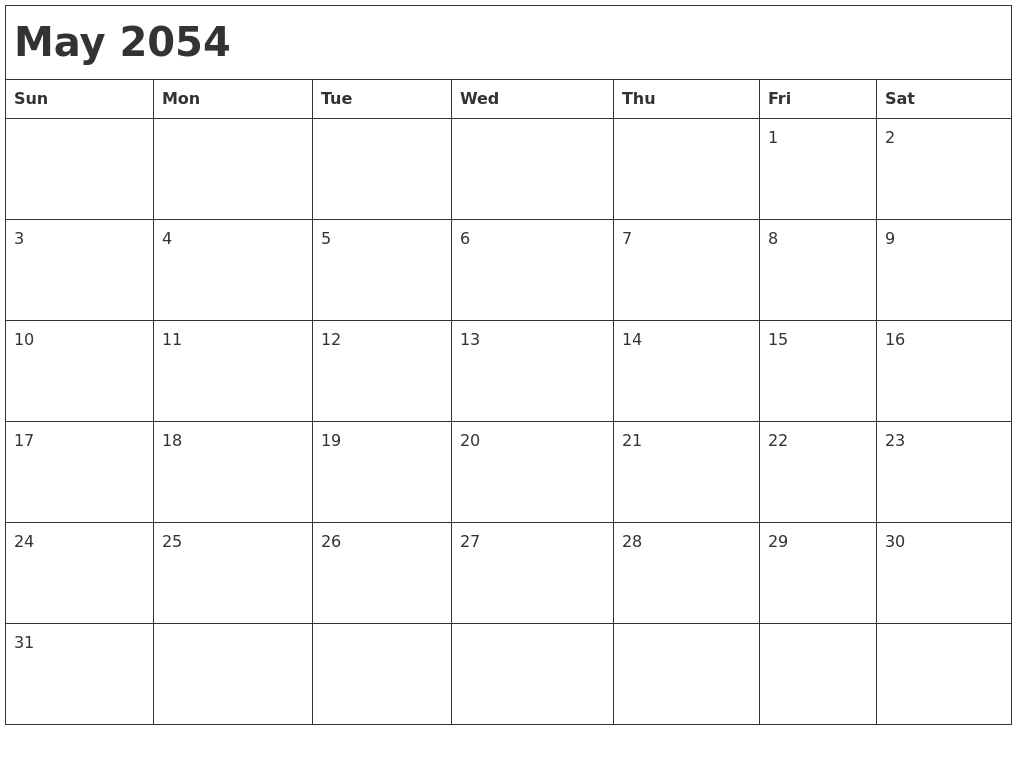 May 2054 Month Calendar
