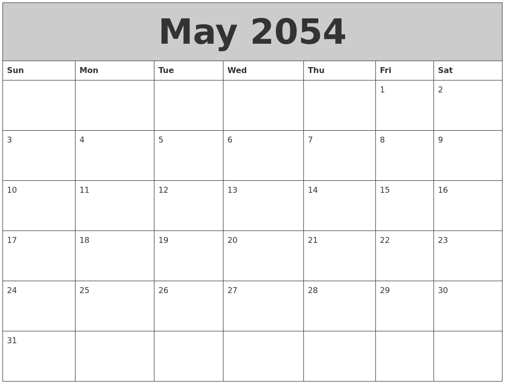 May 2054 My Calendar