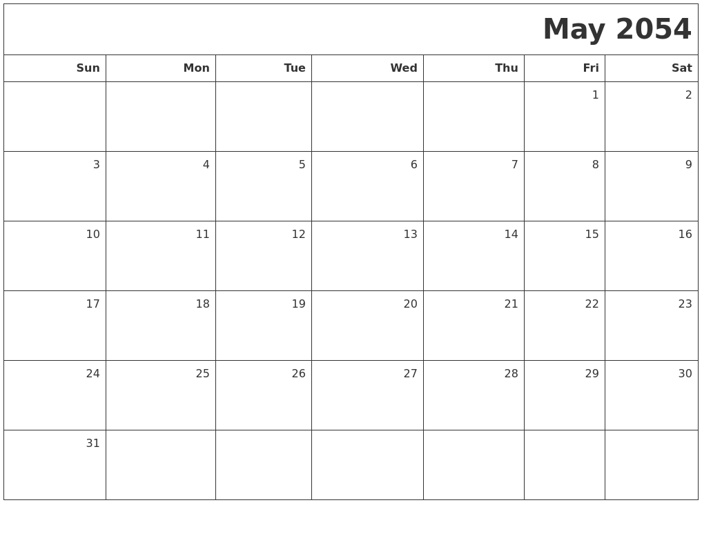 May 2054 Printable Blank Calendar