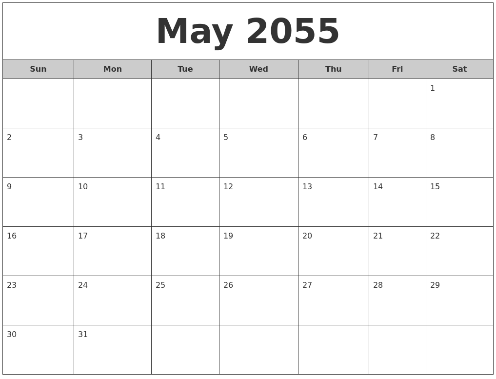 May 2055 Free Monthly Calendar