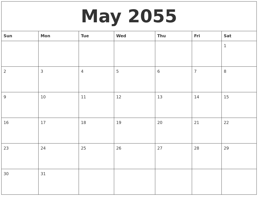 May 2055 Free Weekly Calendar