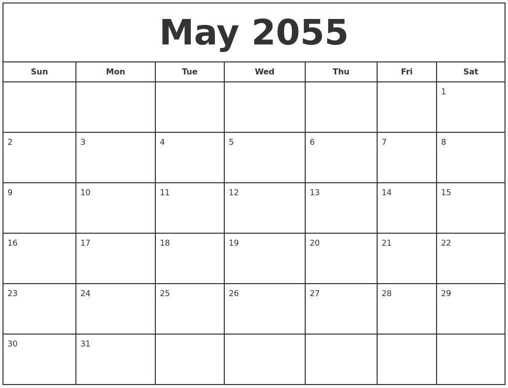 May 2055 Print Free Calendar
