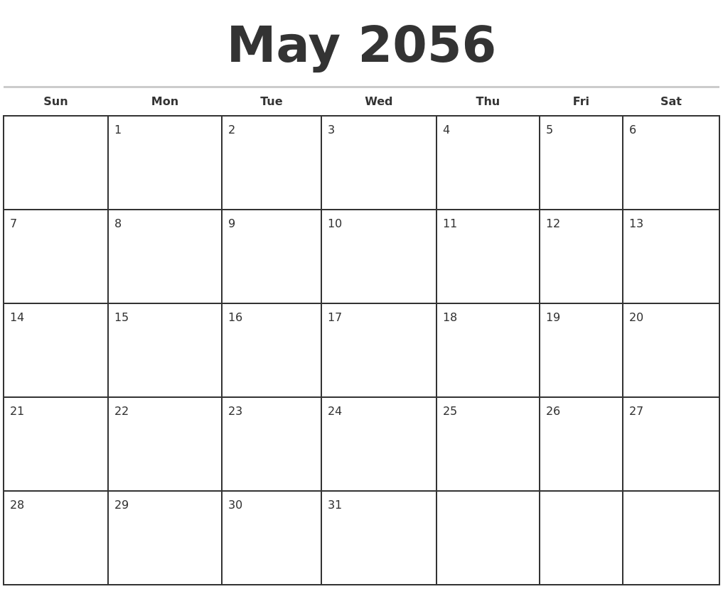 May 2056 Monthly Calendar Template