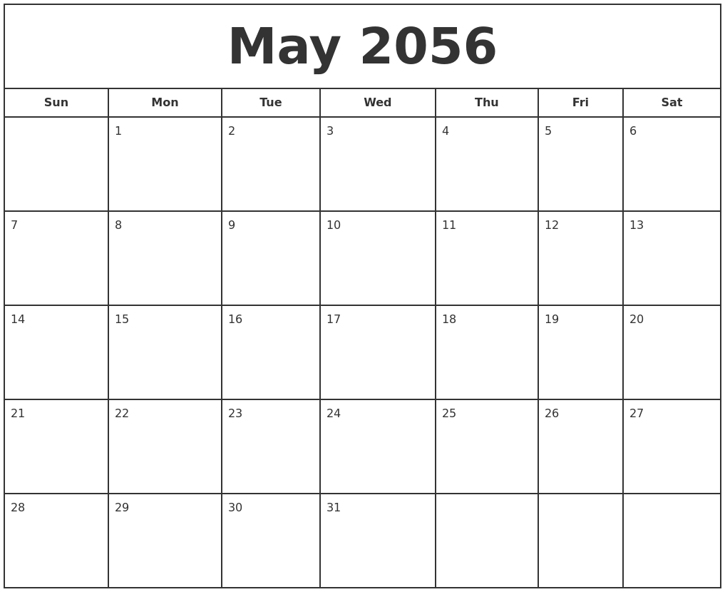 May 2056 Print Free Calendar