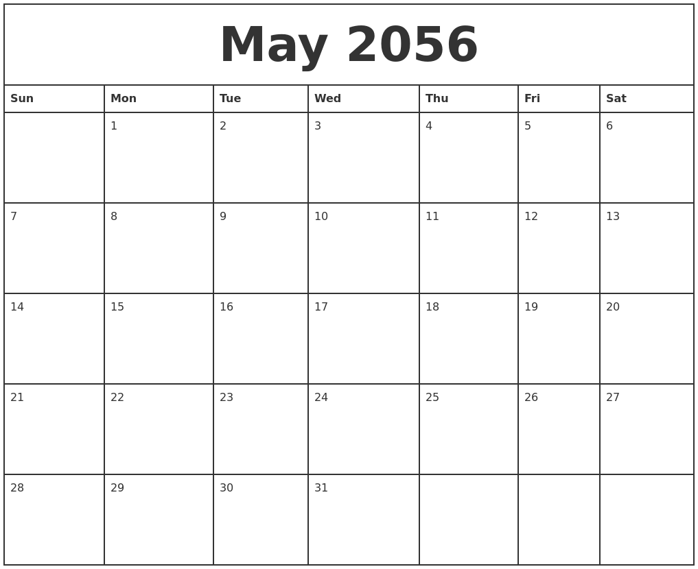 May 2056 Printable Monthly Calendar