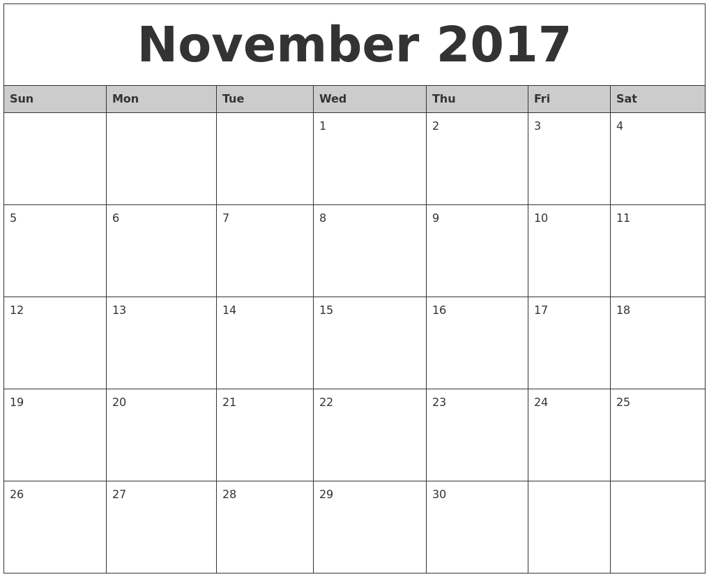 November 2017 Monthly Calendar Printable