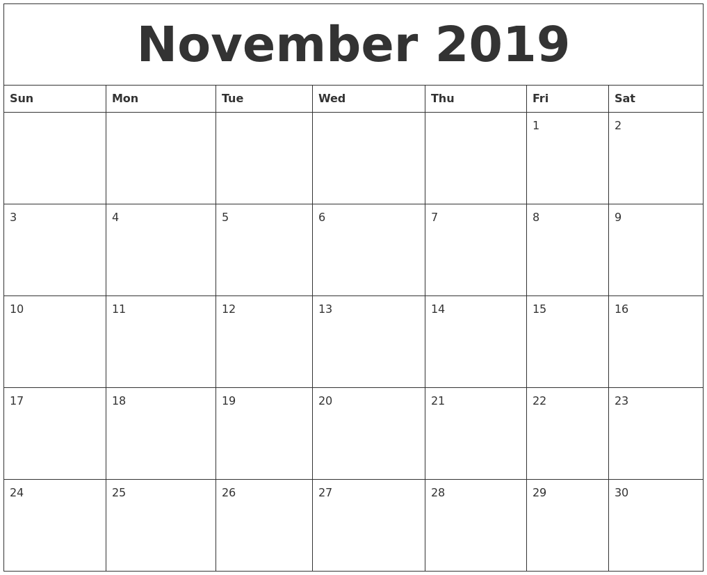 November 2019 Free Printable Monthly Calendar