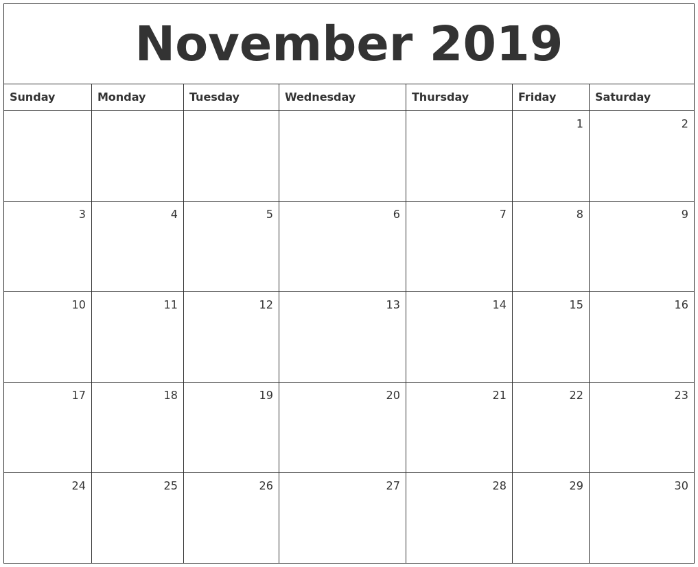 November 2019 Monthly Calendar